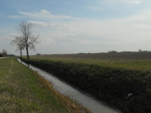 A ditch runs along farmlands near Bowling Green, Ohio