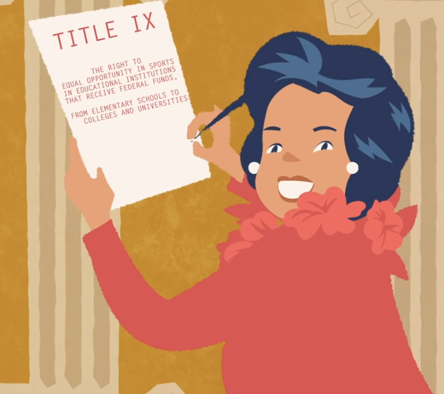 This image is of a cartoon Patsy Mink signing Title IX. 