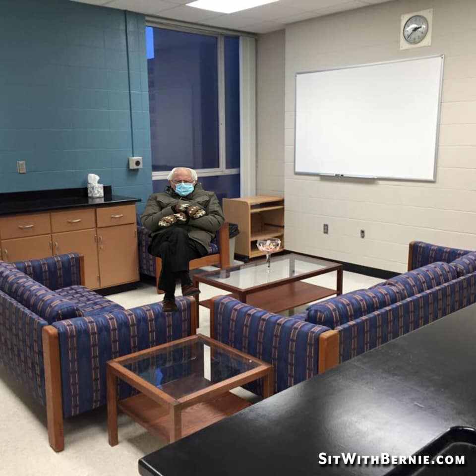A fake image of Bernie Sanders sitting in a seat in the lab