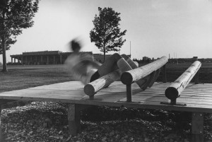 Participant in motion while doing a sit-up.